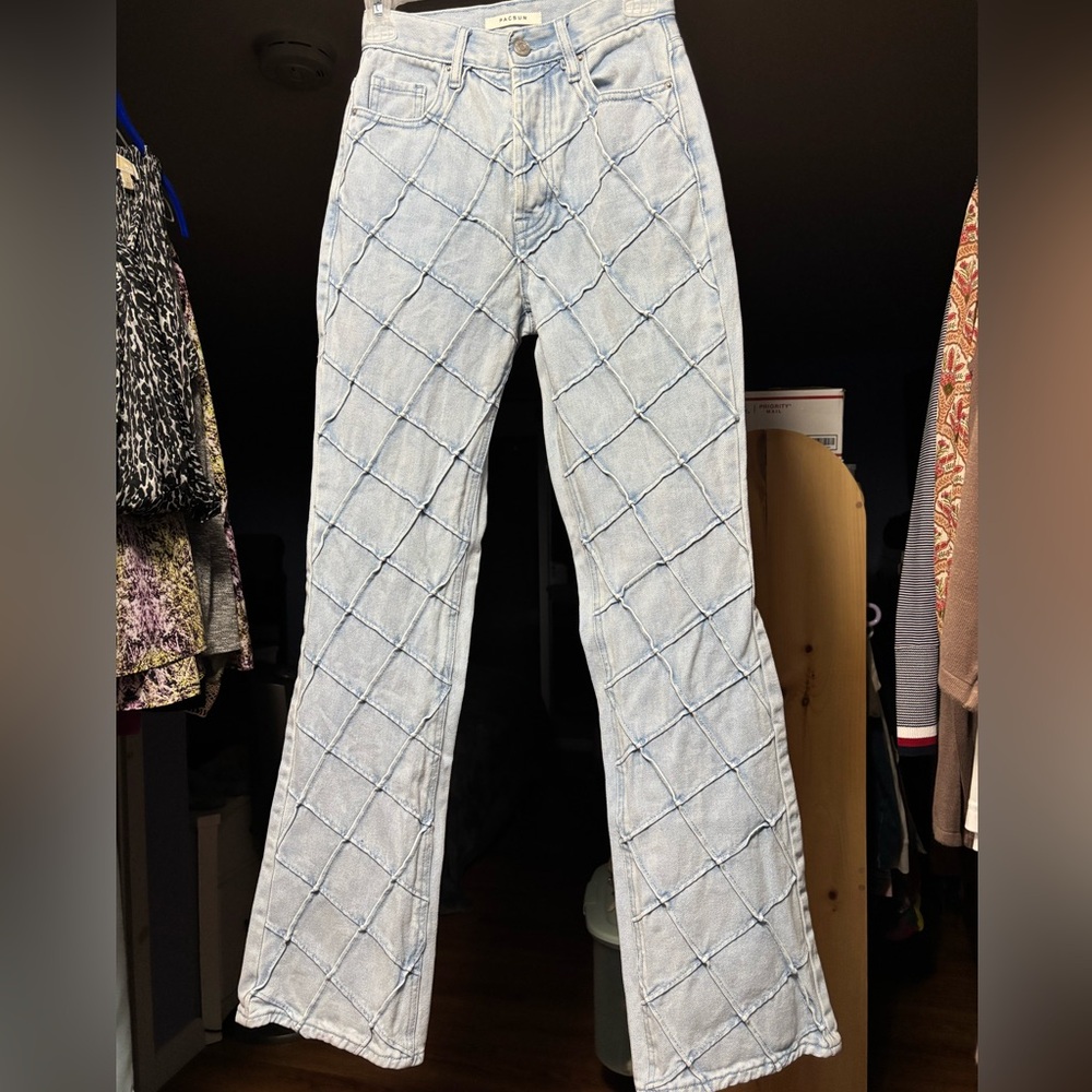 PacSun Light Blue Pin Tucked Lattice Seamed Button Fly Bootcut Jeans